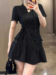 New Chinese Style Short Sleeve Womens T-shirt Slimming Effect Large Size Fashionable Commute Style Asymmetric Waist-Cinching Top