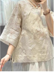 Retro Chinese Style Floral Embroidery Shirt Womens Sleeveless Casual Top with Belt Regular Fit round Neckline Autumn New Arrival