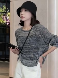 Loose Grey Hollow out Knitted Sweater Womens Fashion Lazy Style 2025 New Autumn Clothing Long Sleeve round Neck Top