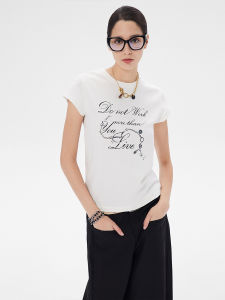 SNU Original Design Slim Fit Short Sleeve T-Shirt Women Summer Casual round Neck Letter Print Top Fashion Shoulder Length