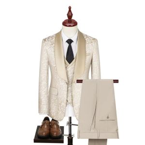 Elegant 3 Piece Jacquard Men Wedding Suits Shawl Lapel Blazer Vest Pants Set Slim Fit Groom Tuxedos Costume Homme For Party Prom