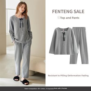 FENTENG | Antibacterial Cotton Womens Sleepwear Set Long Sleeve Pants