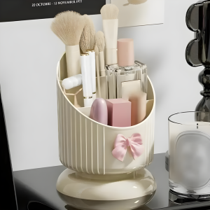 Makeup Brush Organizer with 3 Slots Cosmetic Storage Bucket with Cute Accessory Makeup Organizer Countertop for Vanity