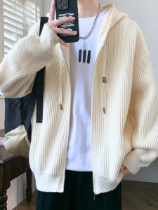 ROMON | Lomond Mens Hooded Open Cardigan Sweater Winter Thickened Warm Casual Loose Knitted Zipper Sweatshirt Jacket