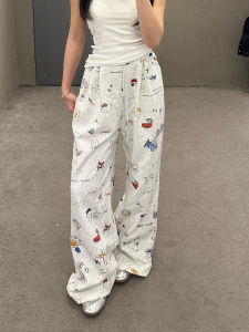 Quần Ống Rộng in Họa Tiết Hoạt Hình Phong Cách Lười Biếng Cho Nữ Mùa Xuân Hè Quần Nỉ Thể Thao Cạp Cao Rộng Rãi