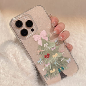 Korean Glitter Bowknot Christmas Tree Clear Phone Case for iPhone 17 16 15 14 13 12 11 Pro Max Shockproof Protective Soft Cover