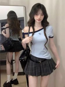 เสื้อยืดคอกลมแขนสั้นผ้าฝ้ายสไตล์อเมริกันสำหรับผู้หญิงในช่วงฤดูร้อน เสื้อเชิ้ตแขนสั้นทรงสลิมฟิตที่ทำจากผ้าฝ้ายแท้ ทรงหลวม สไตล์เกาหลี