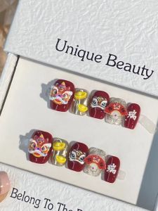 Red Festive National Style Tiger Head Lion Wake New Year Good Luck Nail Art Golden Yuanbao Cute Whitening Short Handmade Wearable Nails