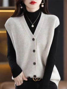 เสื้อคาร์ดิแกนคอวีแขนกุดสั้นฤดูใบไม้ผลิ 2025 เสื้อคลุมกันหนาวผู้หญิง ผ้าโพลีเอสเตอร์ สีพื้น ปกติ กระดุมเดียว