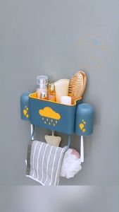 Kệ nhà tắm đa năng hình đám mây kèm 2 cốc treo 4 bàn chải đánh răng có 2 học ngăn để dầu gội sữa tắm - Kệ phòng tắm có móc treo bông tắm máng khăn