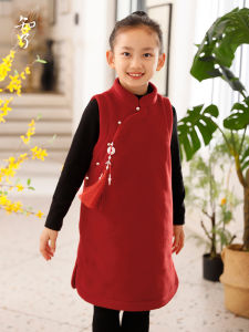 New Chinese Style Cotton Lined Woolen Vest Winter Coat for Big Kids Mid-Length A-Line Skirt Dress Autumn Winter Spring Wear
