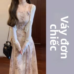 PEIZIXUAN | Váy Slip Hoa Tím Pháp Dáng Dài Nhỏ Gọn Đầu Thu