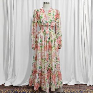 Women Floral Print Maxi Dress V Neck Lantern Sleeve Smocked Waist Tiered Ruffle Hem Long Sleeve Elegant Casual Party Long Dress