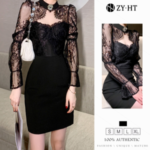 ZY·HT Korean Fashion Black Dress WomenS Lace Long-Sleeved Heart-Neck Slim Mini Dinner Dress 4604 eravogue