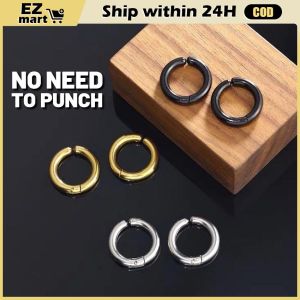 【Fast Shipping】 Earrings Without Ear Holes Women Men Punk Hoop Earrings Black Clip-On Earrings Stainless Steel Female Mens Jewellery