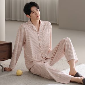 miiow | Mens Pure Cotton Long Sleeve Sleepwear Cardigan Loose Breathable Autumn Style Casual Lazy Home Clothes Sweat Wicking