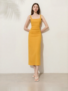 D-PLAY | French Style Waisted Pleated One-Side Slit Sleeveless Fitted Camisole Dress