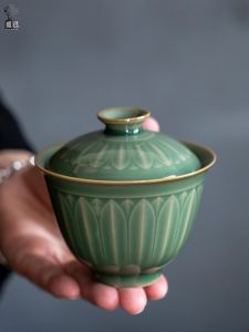 ชามชาถ้วยปิดลายดอกบัวเคลือบเงินทำมือ สไตล์ชาจีนโบราณ ชามชาสำหรับใช้ในครัวเรือน เครื่องมือดื่มชาแบบแยกชิ้น