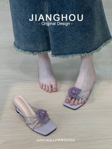 New Chinese Style Cheongsam High Heels Rose Patterned Slippers for Women Outdoor Wear Summer Collection Purple Color