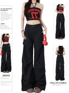 Quần Ống Rộng Xếp Ly Màu Đen Phong Cách Mỹ MZVZ Dành Cho Nữ Mùa Xuân Thu Quần Dài Ống Rộng Cạp Thấp Quần Dài Thường Ngày