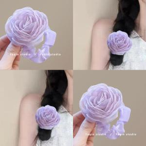 Purple Romantic 3D Lace Camellia Hair Ties Travel Hair Clips Headwear Fresh Sweet Sensation High End Feelings Hair Accessories