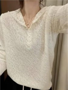Áo Len Dệt Kim Kiểu Pháp Rộng Rãi Dành Cho Nữ Mùa Xuân 2025 Áo Lót Bên Trong Có Viền Ren Khoét Rỗng Có Mũ Trùm Đầu Áo Chui Đầu