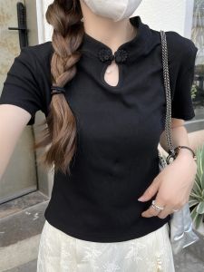 Slim Fit Short Sleeve T-Shirt Womens plus Size Summer Thin Style Chinese National Style Button Shoulder Top Commute Style Pure Color