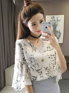 Áo Sơ Mi Chiffon Tay Ngắn Mùa Xuân Hè 2025 Cho Nữ Áo Lót Cổ Chữ V Tay Áo Hình Con Bướm Dáng Rộng Họa Tiết Hoa