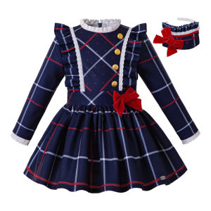 Pettigirl | Pettigirl Girls Autumn and Winter British Style Casual Royal Blue Plaid Long Sleeve Dress Christmas Campus Day Birthday Dress