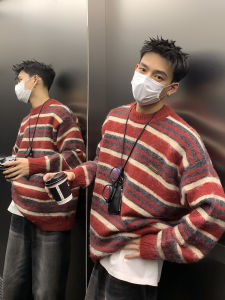American Retro Striped Color Block round Neck Loose Cashmere Sweater Men Lazy Autumn Winter Knitted Base Layer Youth Pop Style