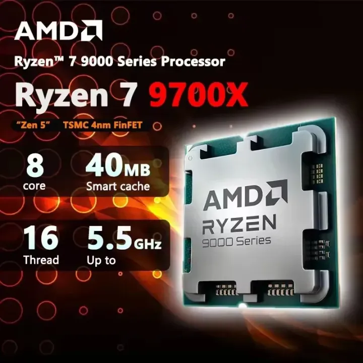 AMD | AMD Ryzen 7 9700X 8-Core 16-Thread 4NM L3=32M 3.8GHz Processor 65W DDR5 Socket AM5 R7 9700X but without fan