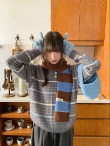 NIHAOKANONG | Áo Blouse Knit Chất Liệu Màu Khối Henry Collar