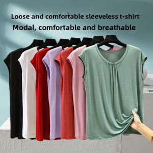 Loose Modale Sleeveless round Neck T-Shirt Women Summer Casual Top plus Size Outerwear Thin Modal Fabric Solid Color
