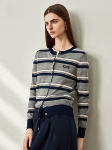 HR | HR Helena Rubinstein Womens Knitted Woolen Cardigan Striped Slim Fit Base Shirt Shopping Mall Same Style Autumn New Arrival