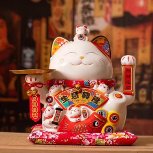 Electric Waving Lucky Cat Ceramic Fortune Figurine Feng Shui Decor for Store Cashier & Home Entrance