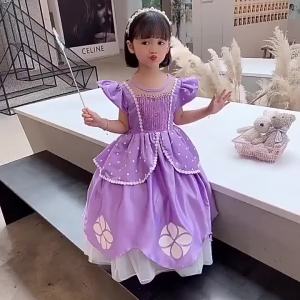 Váy Công Chúa Tím Cho Bé Gái Kèm Vòng Hoa Vương Miện Dây Chuyền Đũa Phép Đầm Dạ Hội Sofia Tay Ngắn Cho Tiệc Hóa Trang