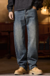 Quần Jeans Nam Dáng Rộng Lưng Thun Khóa Kéo & Cài Nút Kiểu Rách Chất Liệu Cotton Pha Màu Xanh Dương