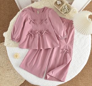 Bear Leader Korean Version Pink Bow Decoration Girls Clothes Autumn Long Sleeved Top+Wide Leg Pants Solid Color Childrens Set