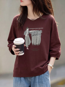 Basic House | Red Cotton Round-Neck Printed Three-Quarter Sleeve Youthful Womens Top