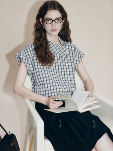 FAMANXUAN | Vintage French Style Black and White Check Asymmetric Collar Shirt