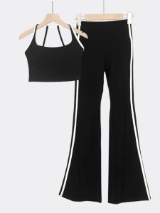 High Waist Loose Yoga Suit Set Womens Sport Dance Flared Pants Striped Fitness Clothing Long Sleeve Three Piece Set for Women