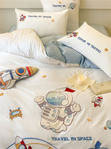 Light Blue Kids Cotton Four-Piece Set Astronaut Space Boy Single 3 PCs Set Upper and Lower Bed Bedding Fitted Sheet