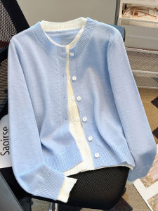 Big Sale Leak-Picking ~ Spring & Fall Color-Block Crew Neck Fake Two-Piece Knitting Cardigan Female Stylish Soft Glutinous Anti-Aging Sweater Outwear