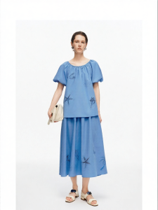 Hollow Embroidery Marine Theme Bubble Sleeve Summer Top