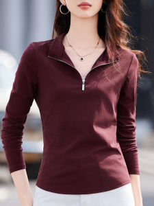 Early Autumn Pure Cotton Loose Long Sleeve T-Shirt Womens Stand Collar Base Shirt Inner Wear Outerwear Korean Style Commute