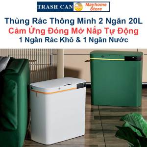 Thùng Rác Cảm Ứng Thông Minh 2 Ngăn 20L Tách Rác Khô & Ướt Sử Dụng Cho Phòng Khách và Gian Bếp Với 2 Màu Xanh và Trắng