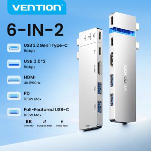Vention 6 in 2 USB C Docking Station Macbook Adapter Hub 3.0 Type C to HDMI Direct Plug 8K 240Hz Thunderbolt 100W PD Fast Charging 10Gbps for MacBook Air Pro M1 M2 M3 Lenovo HP Dell Huawei Laptop Tablet Phone USB HUBS
