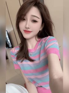 Colorful Striped Hollow out Silk Knitted Top Short Sleeve Shoulder Bared Womens Fashionable Summer T Shirt Korean Style Slim Fit