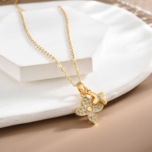 BESFOME Lucky Four Leaf Clover Necklace For Women Chain Luxury Tassel Rhinestone Pendant Stainless steel Fashion Personality Jewelry
