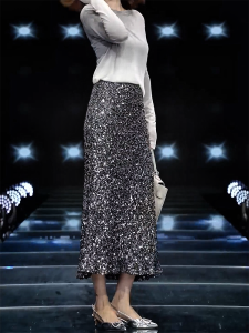 Shiny Sequin Mid-Length Half Skirt High Waist Slimming Fashion Autumn New Style Korean Version Commute Rectangular Body Type